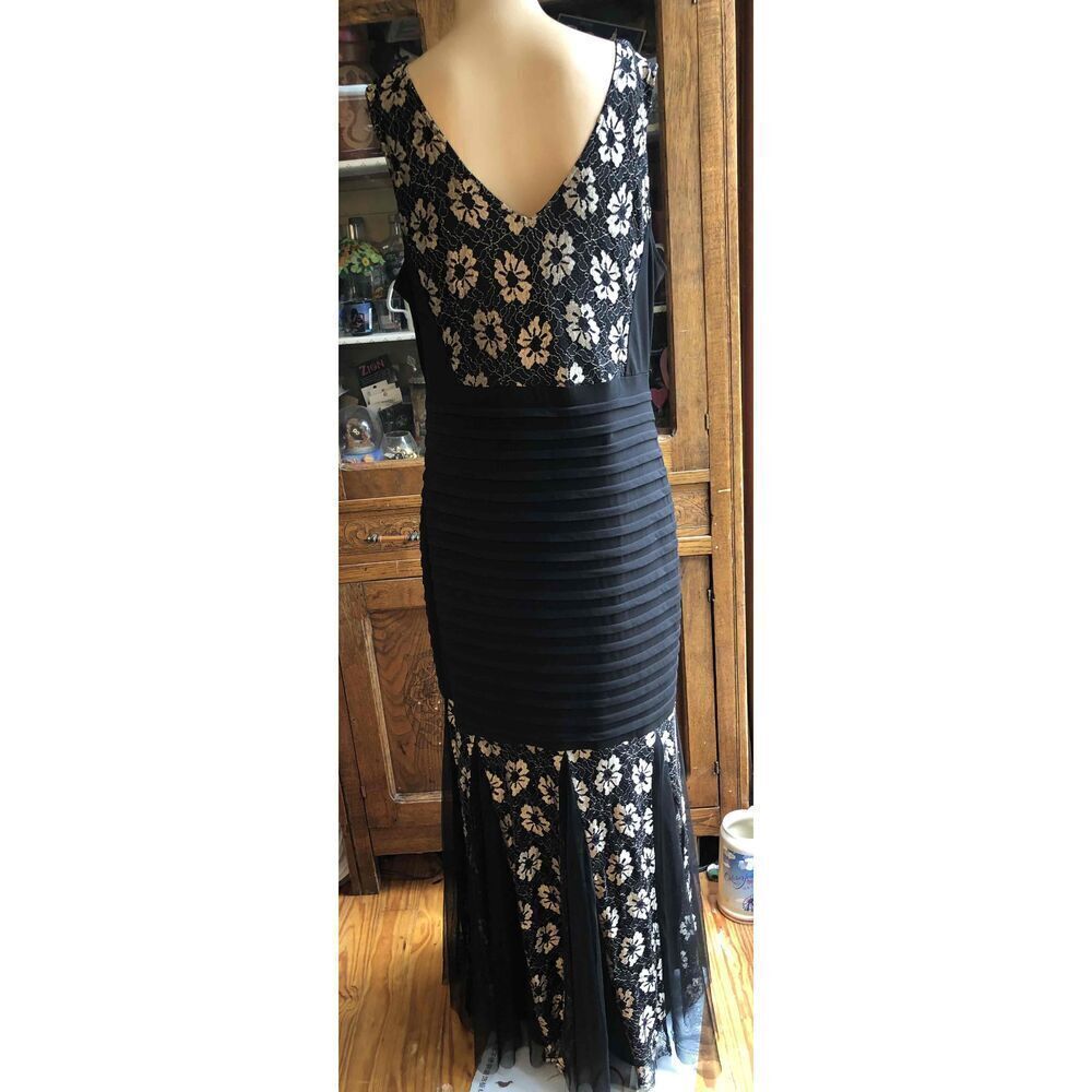 Candolite Black Gold Lace Overlay Maxi Evening Dress Trumpet Hem  Large - Picture 9 of 15